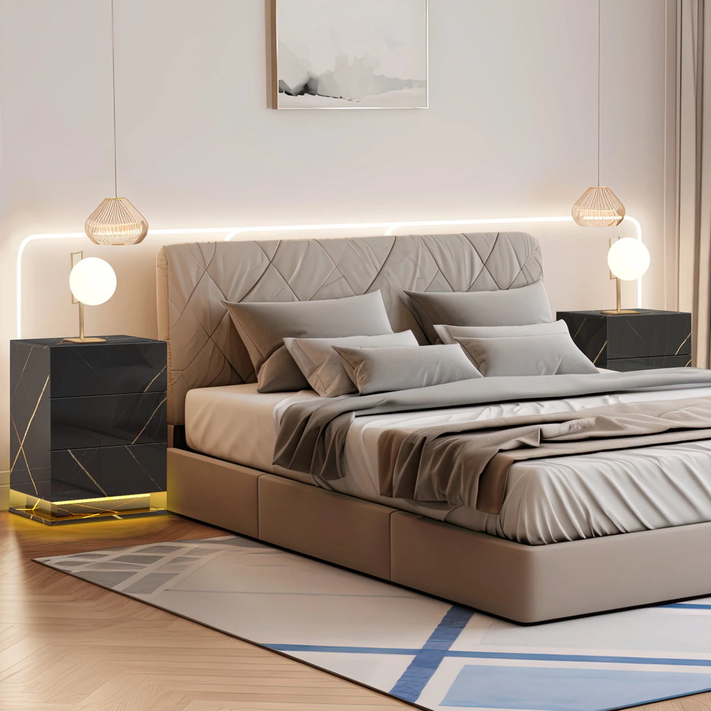 Set of 2 LED Nightstand with Drawer, Marble Black W624239