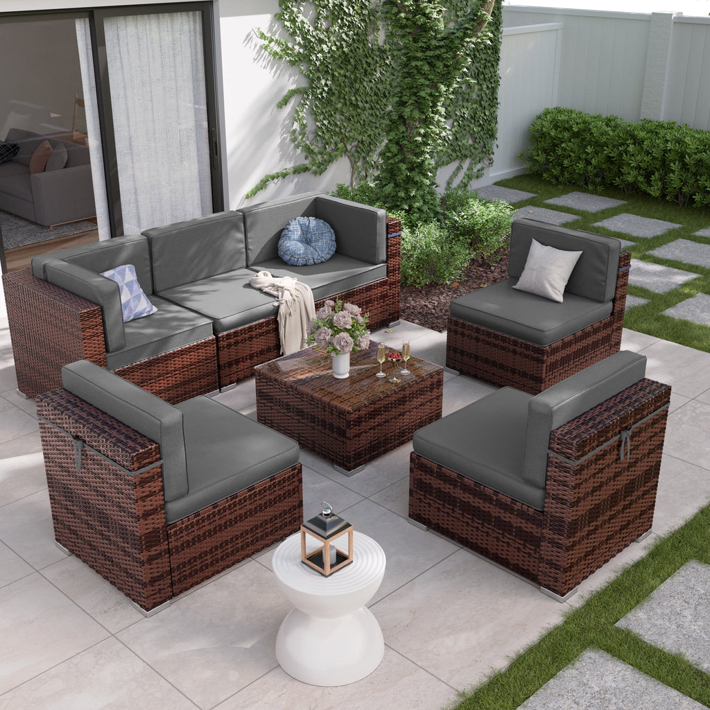 7 Pieces PE Rattan Wicker Patio Furniture Set with Glass Table R95567