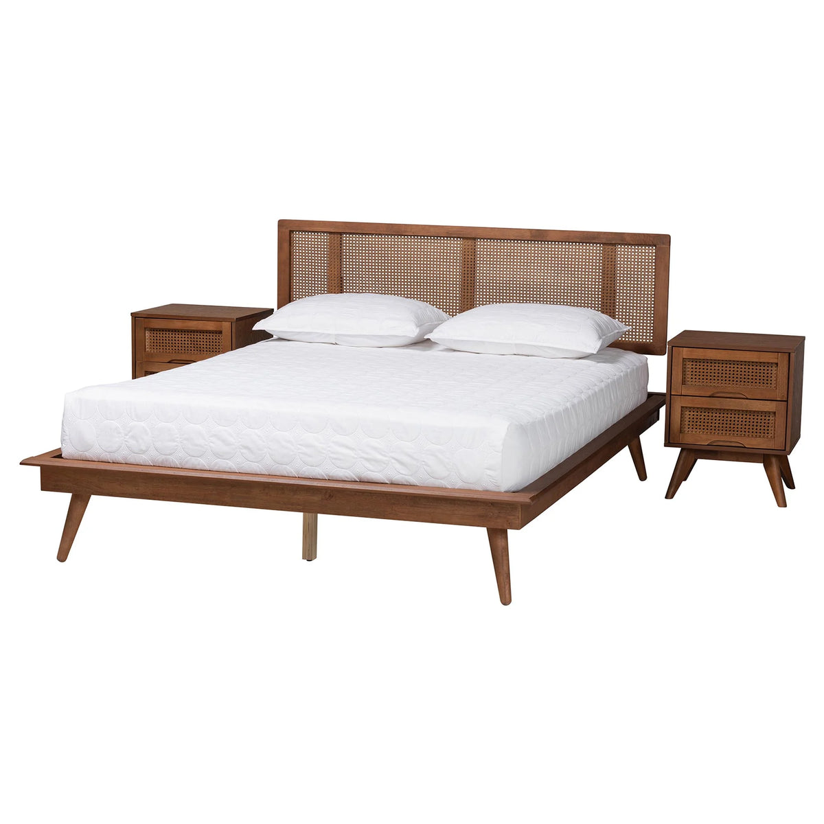 Walnut Brown Wood and Rattan King Size 3-Piece Bedroom Set S7218
