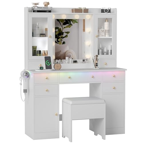 White Vanity Desk with Mirror and Lights C8589