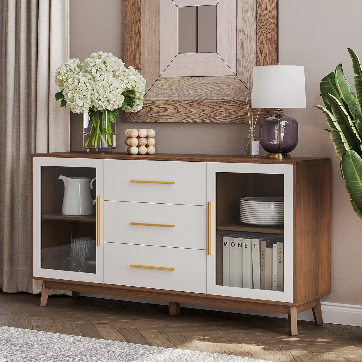 White Sideboard Buffet Cabinet with 3 Drawers & 2 Doors E64735