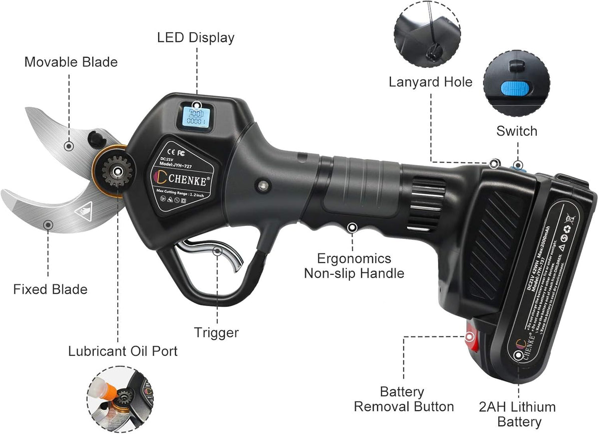 Electric Pruning Shears with 2 Pack Backup Rechargeable 2Ah Lithium Battery 30mm Max Cutting Diameter F963