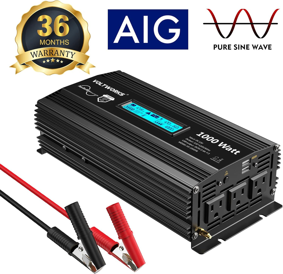 2000Watt DC 12V to 120V AC Car Power Inverter with 2 AC Outlets and LCD Display F95034