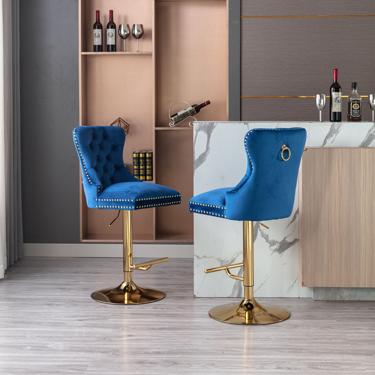 Blue Velvet Swivel Bar Stools Set Of 2 Adjustable Counter Height Y90620