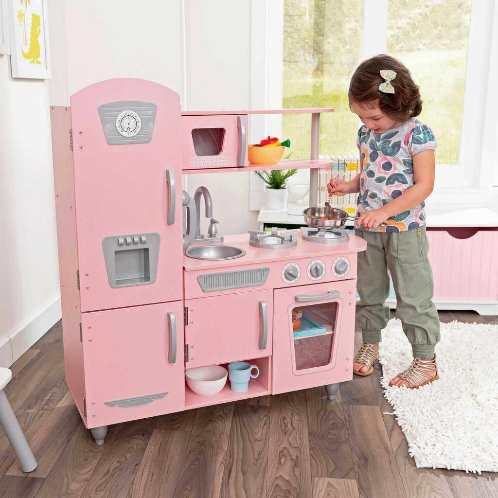 Pink Wooden Play Kitchen with Pretend Ice Maker and Play Phone A407979