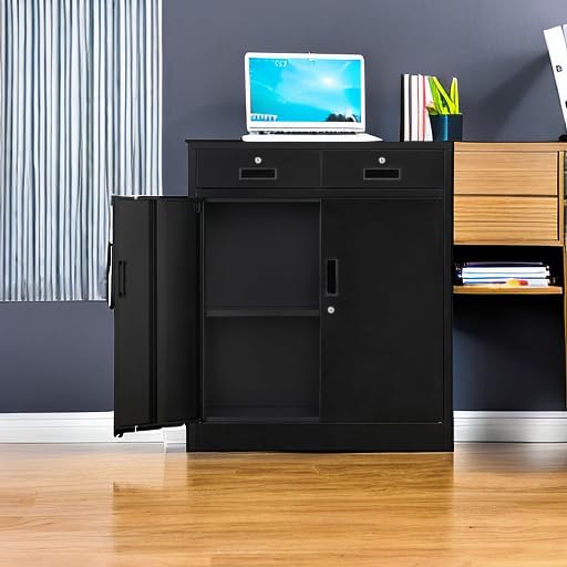 Black Steel Storage Cabinet with 2 Lockable Doors and 2 Adjustable Shelves K382