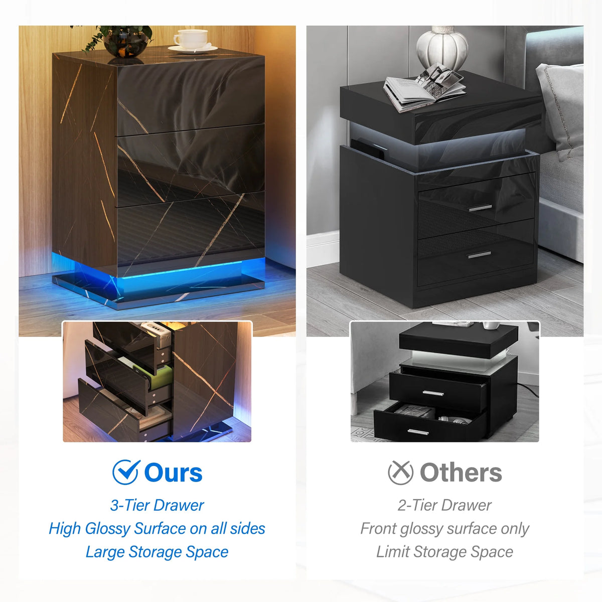 Set of 2 LED Nightstand with Drawer, Marble Black W624239