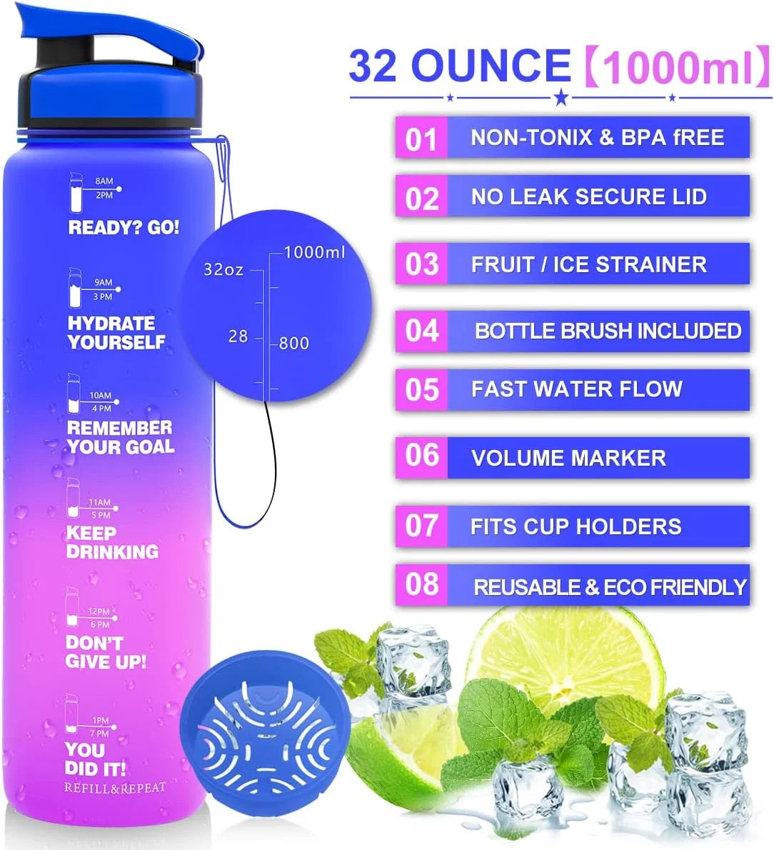 1L Leak Proof BPA Free Reusable Sports Water Bottle J790193