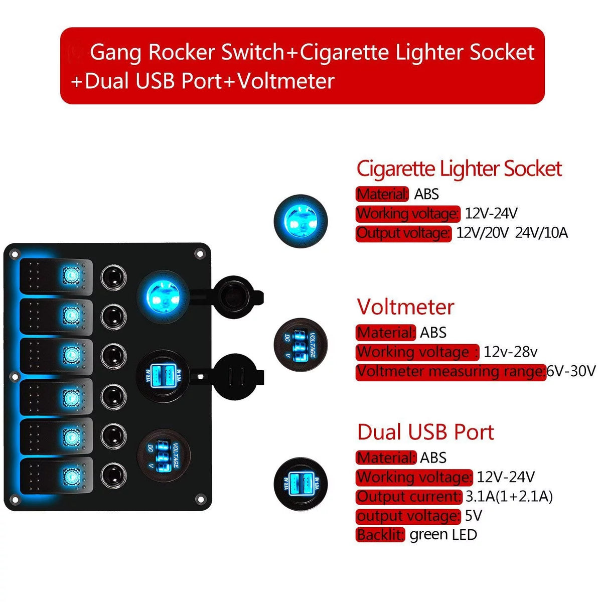 6 Gang LED Rocker Switch Panel Dual USB Waterproof Power Socket F515663