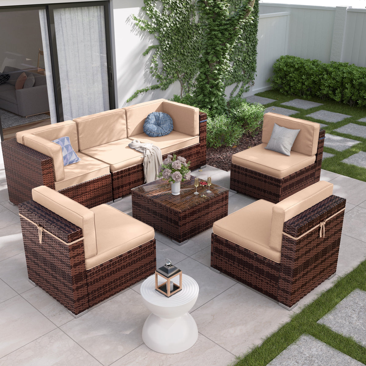 7 Pieces PE Rattan Wicker Patio Furniture Set with Glass Table R95567