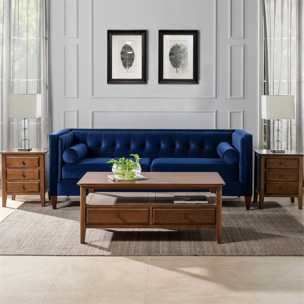 Navy Blue Tufted Tuxedo Sofa I94681