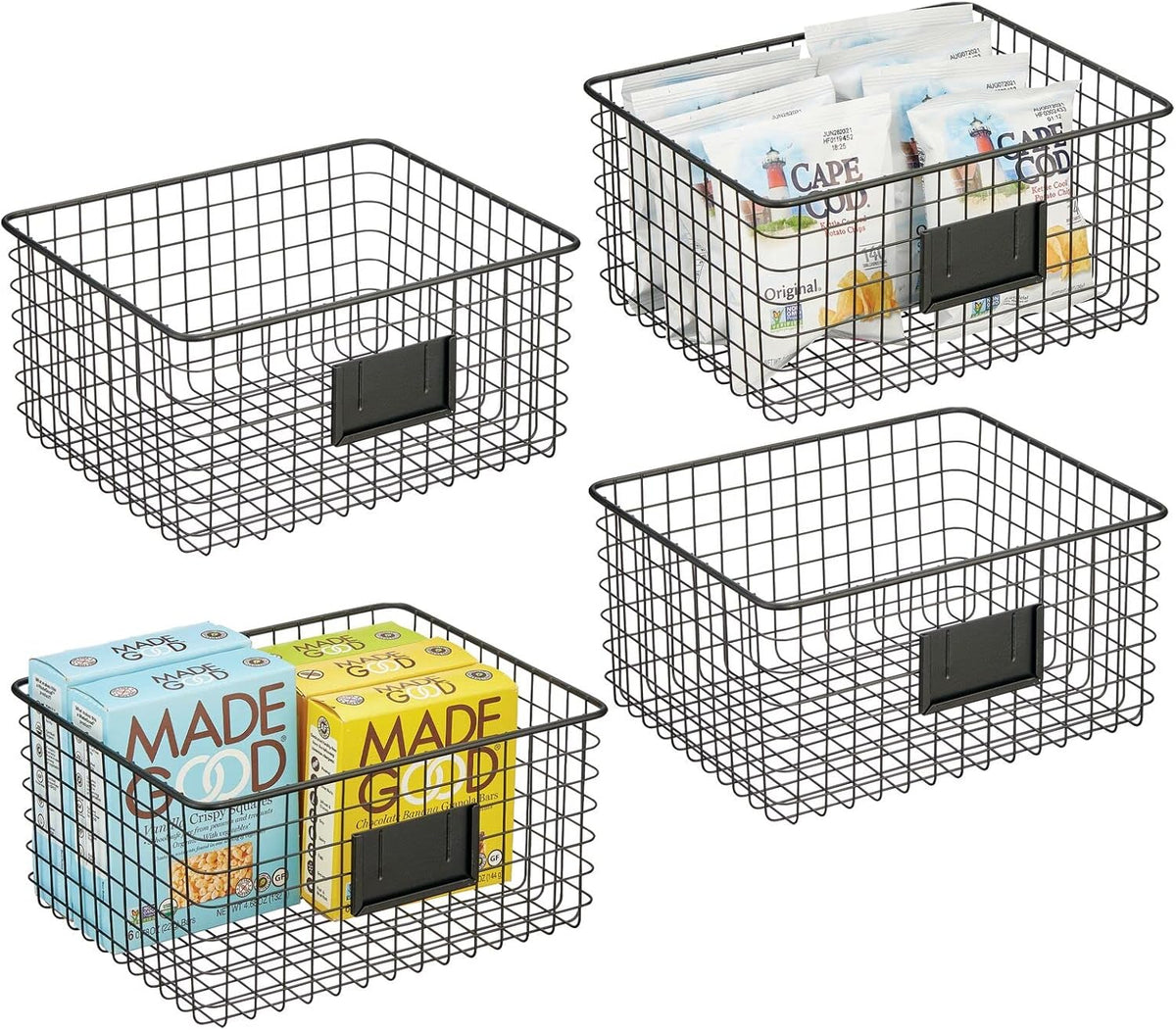 Bronze Metal Wire Food Organizer Storage Bin Basket with Label Slot, 4 Pack Y260011