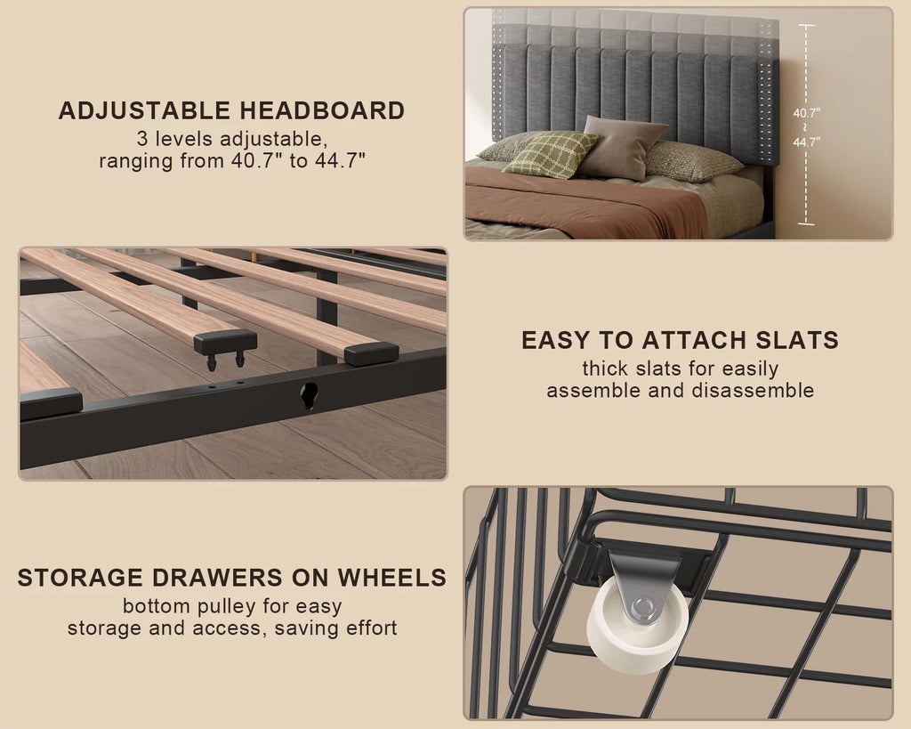 Queen Bed Frame with Adjustable Headboard and 4 Storage Drawers S66694