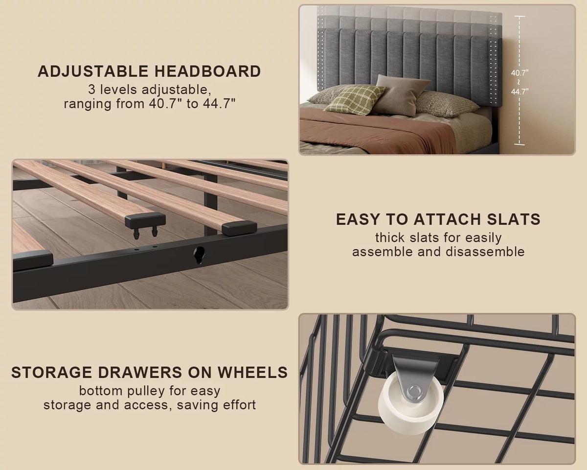 Queen Bed Frame with Adjustable Headboard and 4 Storage Drawers S66694