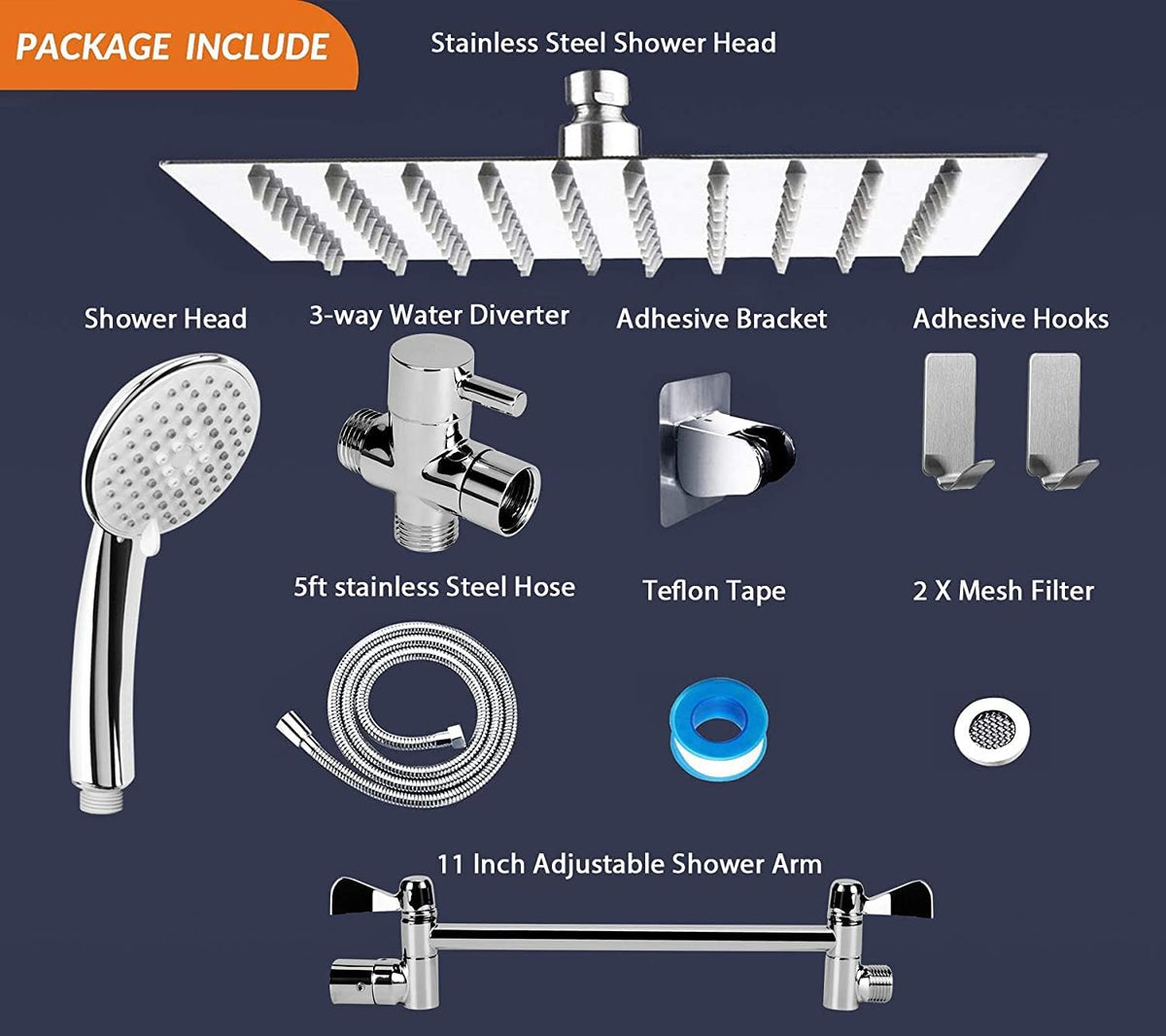 Chrome 8" Rain Shower Head with Handheld Spray and Holder, 1.5M Hose, Pack of 2 E5425