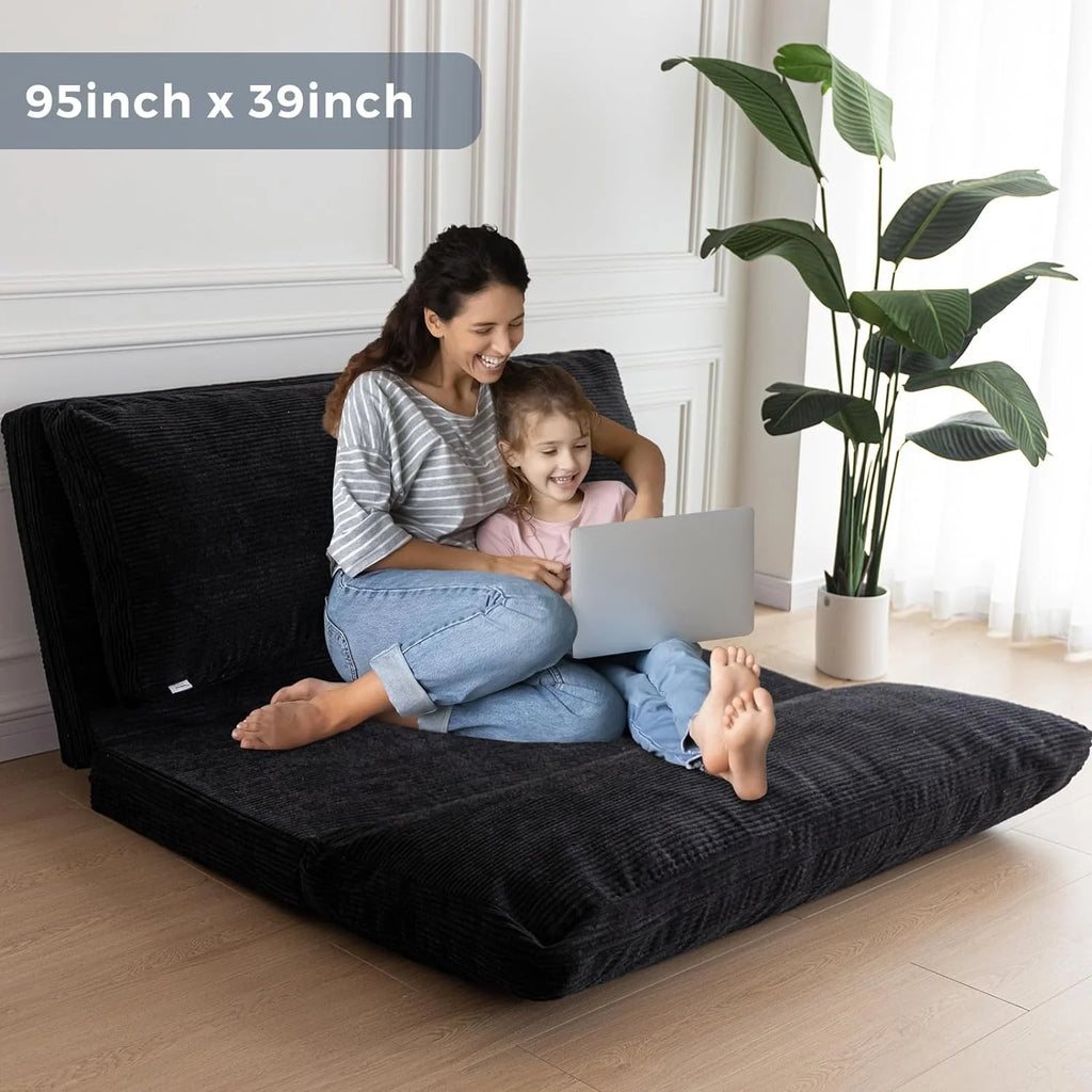 Black Corded Washable Bean Bag Bed Folding Sofa Bed Floor Mattress, 39x95 Inch P228