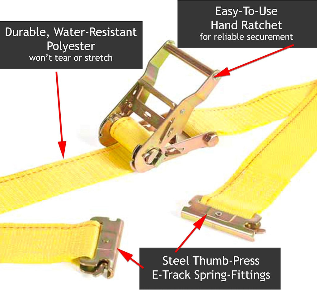 2 x 12 Heavy Duty Yellow Polyester Ratcheting Tie-Down Straps with E-Track Spring Fittings B822641