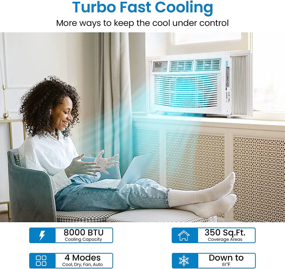 8000 BTU White Turbo Fast Cooling Air Conditioner with Remote App Control A701