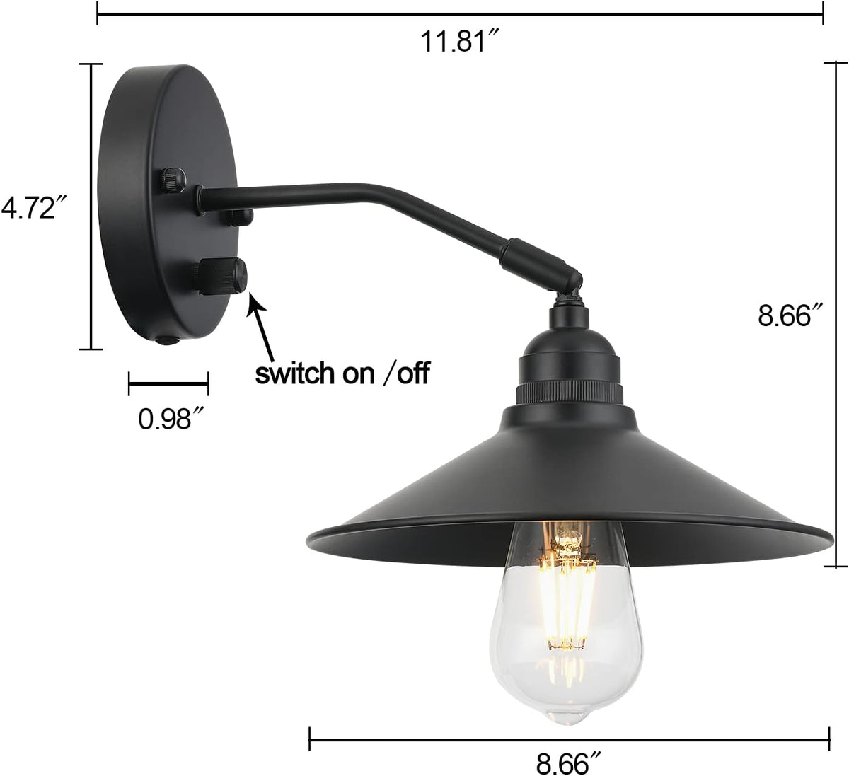 Matt Black Metal Wall Sconce with on/Off Switch D8785