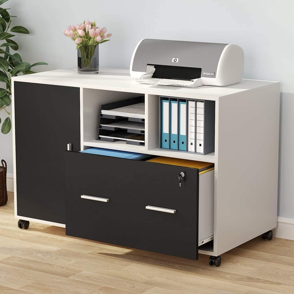 White Mobile Lateral File Cabinet with Lock and Drawer E890015