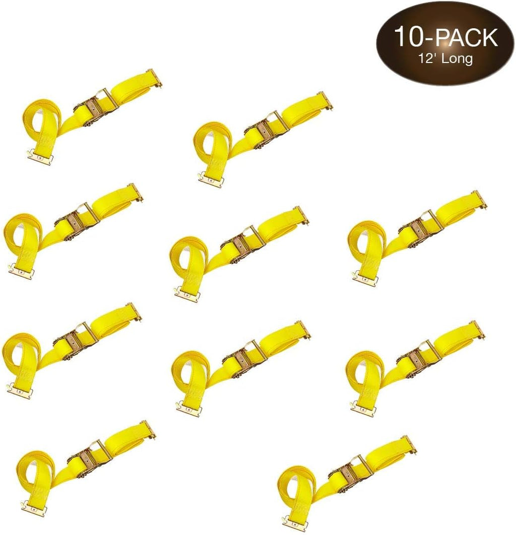 2 x 12 Heavy Duty Yellow Polyester Ratcheting Tie-Down Straps with E-Track Spring Fittings B822641