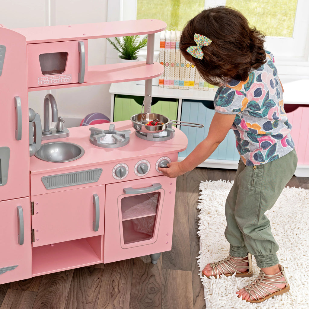 Pink Wooden Play Kitchen with Pretend Ice Maker and Play Phone A407979
