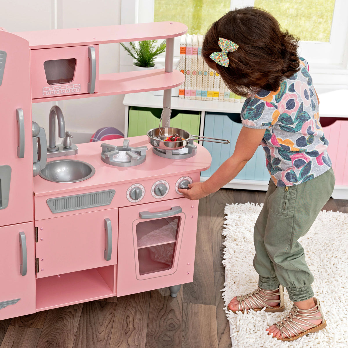Pink Wooden Play Kitchen with Pretend Ice Maker and Play Phone A407979