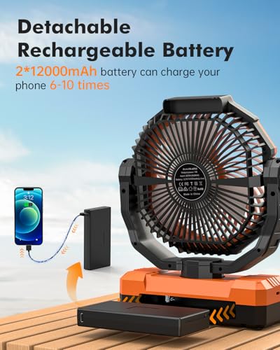 24000mAh Rechargeable Battery Operated Camping Fan with Light & Hook A7603