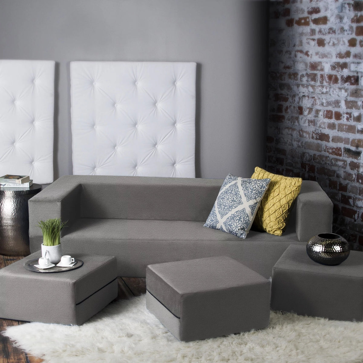 California King Convertible Sleeper Sofa and Ottomans Dove Grey Foam Polyester I692