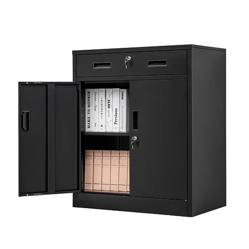 Black Steel Storage Cabinet with 2 Lockable Doors and 2 Adjustable Shelves K382