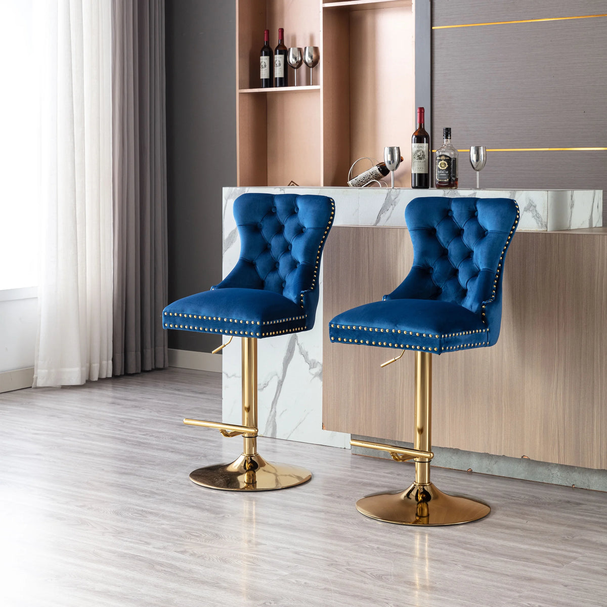 Blue Velvet Swivel Bar Stools Set Of 2 Adjustable Counter Height Y90620