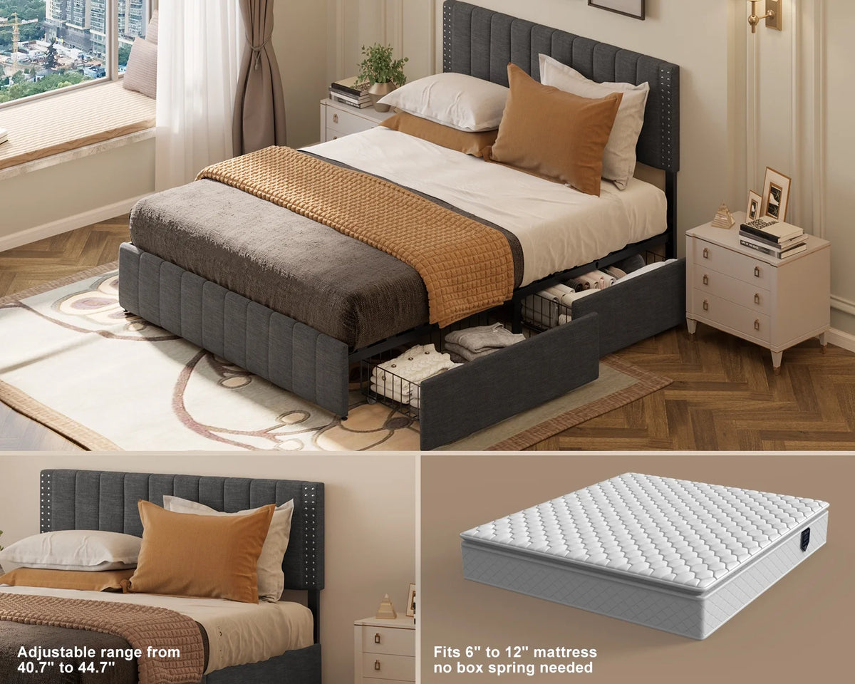 Queen Bed Frame with Adjustable Headboard and 4 Storage Drawers S66694